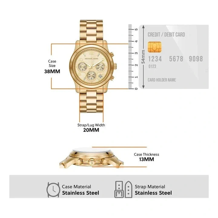 Michael Kors Runway Chronograph Gold Dial Gold Steel Strap Watch For Women - MK7323