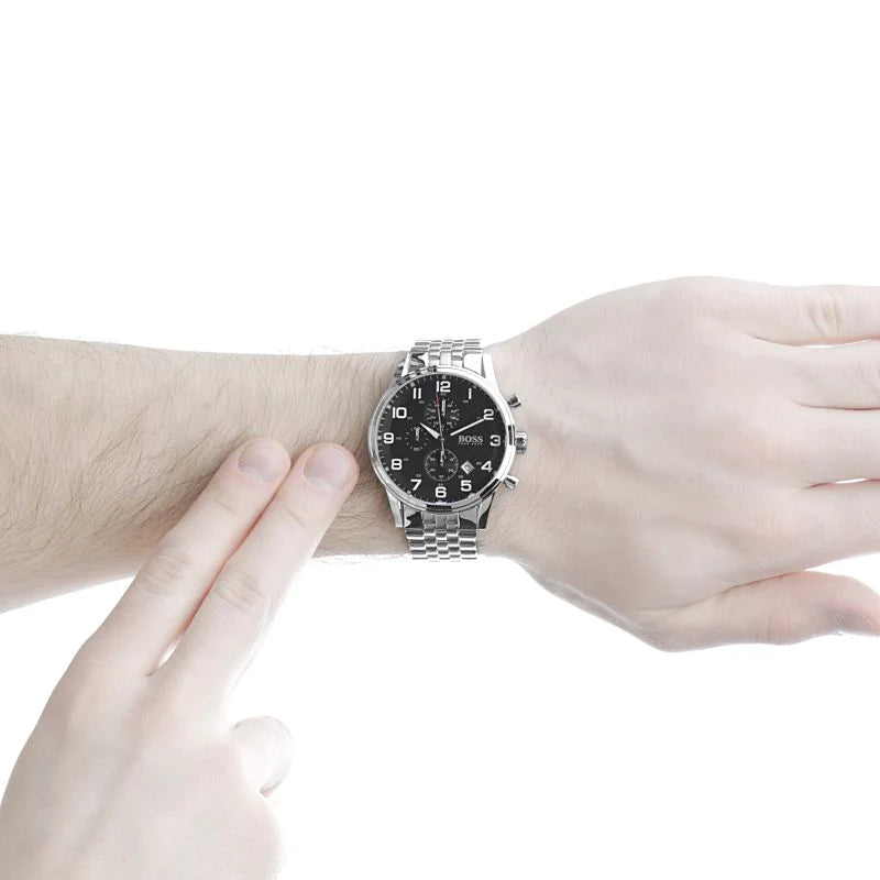  Shop Authentic Hugo Boss Aeroliner Chronograph Quartz Black Dial Silver Steel Strap Watch For Men - HB1512446 - Luxxuri