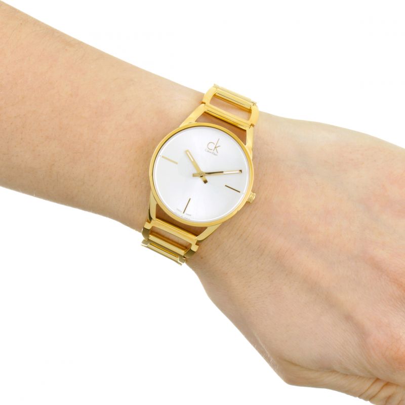  Shop Authentic Calvin Klein Stately Silver Dial Gold Steel Strap Watch for Women - K3G23526 - Luxxuri