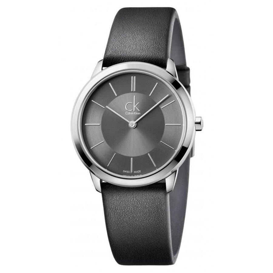  Shop Authentic Calvin Klein Minimal Grey Dial Black Leather Strap Watch for Men - K3M221C4 - Luxxuri