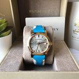  Shop Authentic Burberry The City Gold Dial Blue Leather Strap Watch for Women - BU9018 - Luxxuri