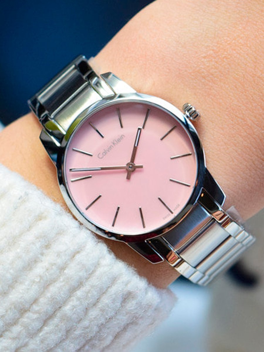  Shop Authentic Calvin Klein City Pink Mother of Pearl Dial Stainless Steel Strap Watch For Women - K2G2314E - Luxxuri