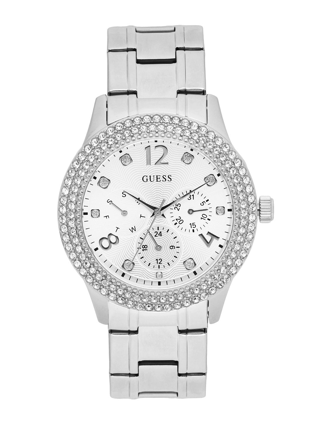  Shop Authentic Guess Bedazzle Diamonds Silver Dial Silver Steel Strap Watch For Women - W1097L1 - Luxxuri