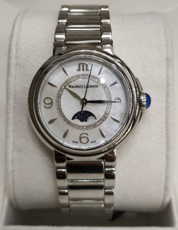  Shop Authentic Maurice Lacroix Fiaba Moonphase White Mother of Pearl Dial Silver Steel Strap Watch for Women - FA1084-SS002-170-1 - Luxxuri