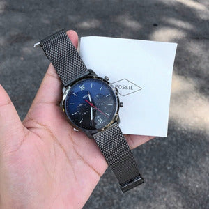  Shop Authentic Fossil Neutra Chronograph Blue Dial Silver Mesh Bracelet Watch for Men - FS5383 - Luxxuri