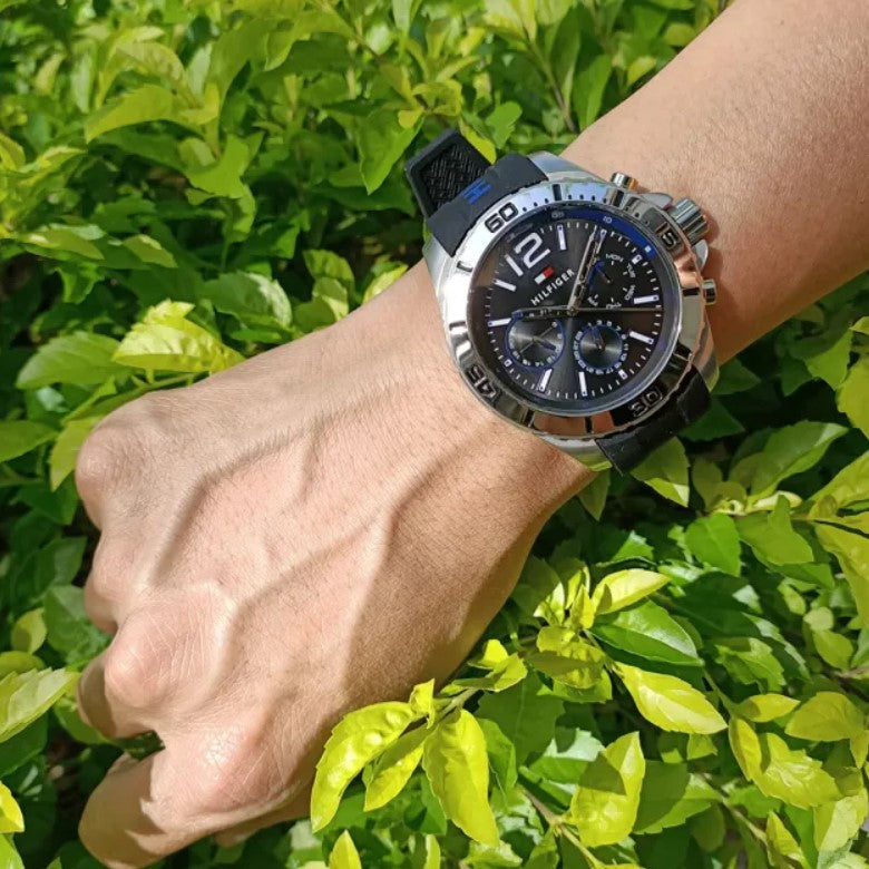  Shop Authentic Tommy Hilfiger Sport Multifunction Black Dial Black Rubber Strap Watch for Men - 1791143 - Luxxuri
