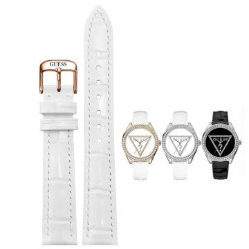 Shop Authentic Guess Mini Triangle Quartz Diamonds Silver Dial White Leather Strap Watch For Women - W65006L1 - Luxxuri
