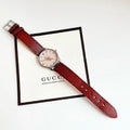 Shop Authentic Gucci G Timeless Quartz Diamonds Pink Dial Red Leather Strap Watch For Women - YA1265017 - Luxxuri