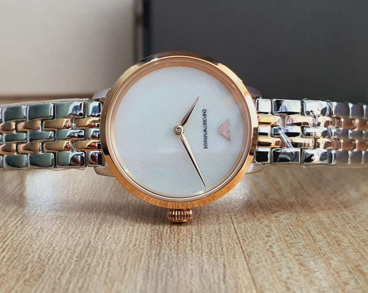 Shop Authentic Emporio Armani Modern Slim Analog Mother of Pearl Dial Two Tone Steel Strap Watch For Women - AR11157 - Luxxuri