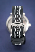 Versace V-Circle Silver Dial Black Leather Strap Watch for Men - VEBQ01219