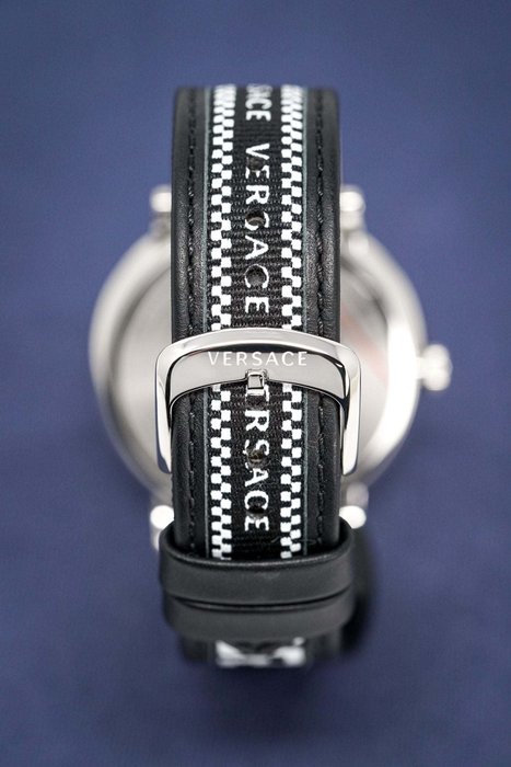  Shop Authentic Versace V-Circle Silver Dial Black Leather Strap Watch for Men - VEBQ01219 - Luxxuri