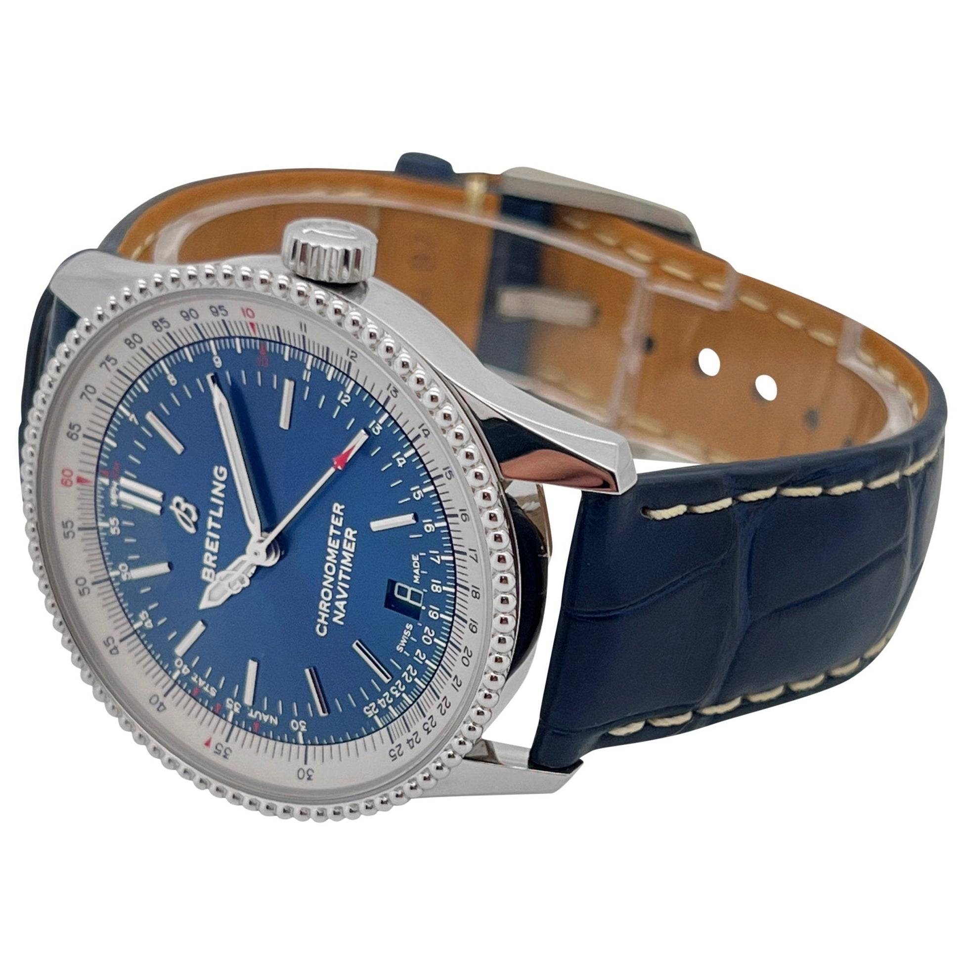  Shop Authentic Breitling Navitimer Automatic 38mm Blue Dial Blue Leather Strap Mens Watch - A17325211C1P1 - Luxxuri