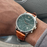  Shop Authentic Emporio Armani Renato Chronograph Green Dial Brown Leather Strap Watch For Men - AR2493 - Luxxuri