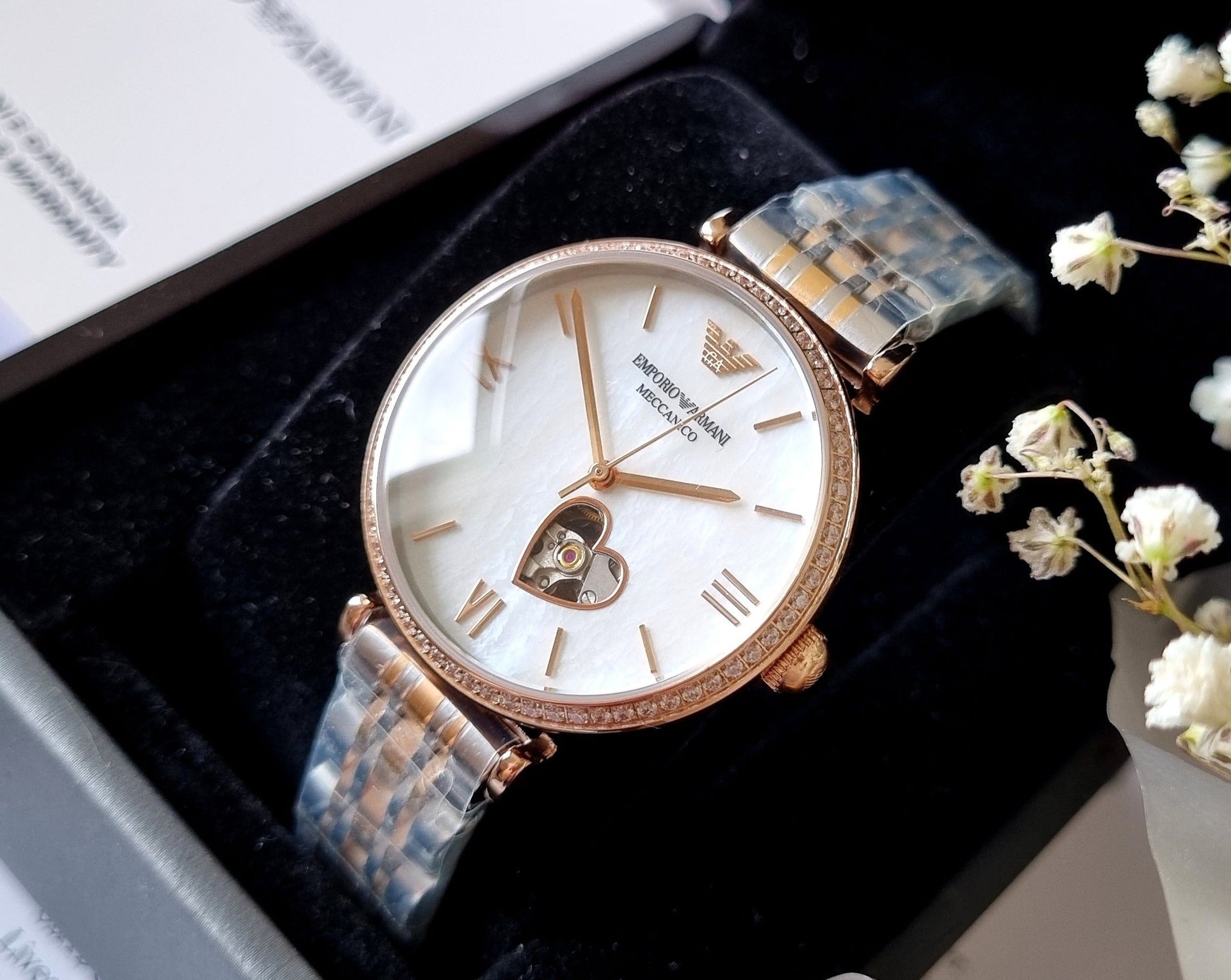  Shop Authentic Emporio Armani Meccanico Automatic Mother of Pearl Dial Two Tone Steel Strap Watch For Women - AR60049 - Luxxuri