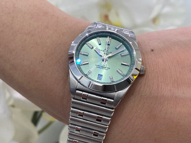  Shop Authentic Breitling Chronomat 32 Diamonds Green Dial Silver Steel Strap Watch for Women - A77310101L1A1 - Luxxuri
