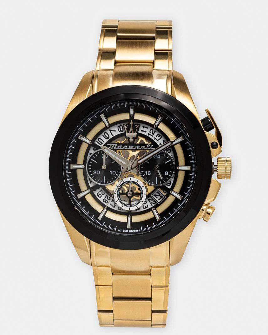 Maserati Traguardo Skeleton Black Dial Gold Steel Strap Watch For Men - R8873612058