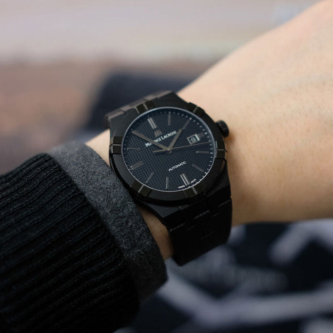  Shop Authentic Maurice Lacroix Automatic Date Black Dial Black Leather Strap Watch For Men - AI6008-PVB01-330-1 - Luxxuri