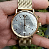  Shop Authentic Emporio Armani Aviator Chronograph Quartz Beige Dial Gold Mesh Bracelet Watch For Men - AR11315 - Luxxuri