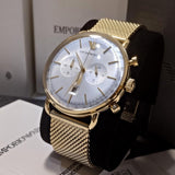  Shop Authentic Emporio Armani Aviator Chronograph Quartz Beige Dial Gold Mesh Bracelet Watch For Men - AR11315 - Luxxuri