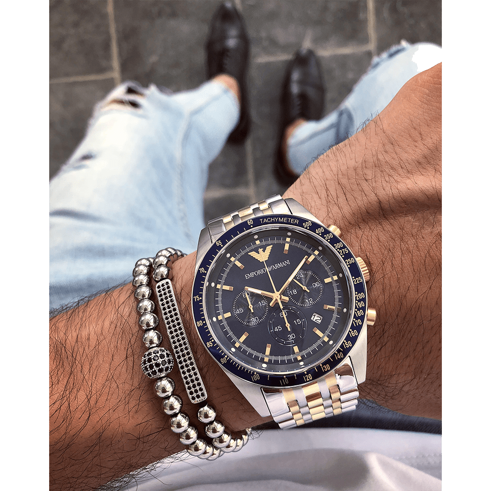  Shop Authentic Emporio Armani Tazio Chronograph Blue Dial Gold & Silver Stainless Steel Strap Watch For Men - AR8030 - Luxxuri