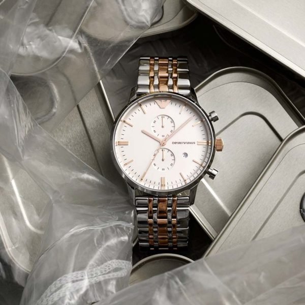  Shop Authentic Emporio Armani Chronograph White Dial Two Tone Steel Strap Watch For Men - AR0399 - Luxxuri