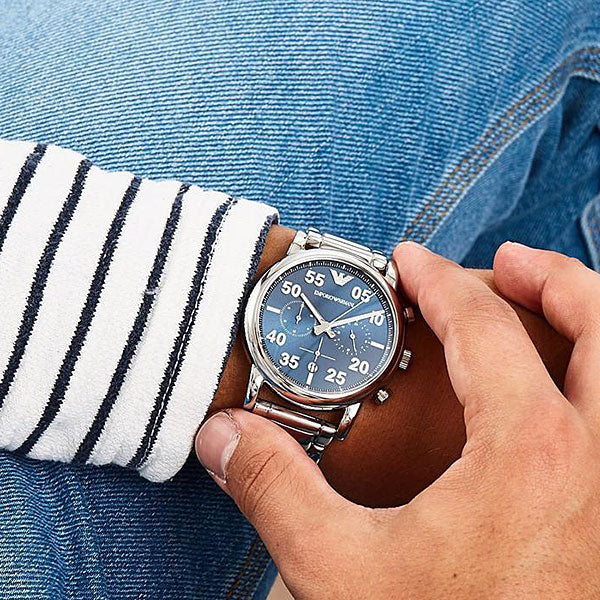  Shop Authentic Emporio Armani Luigi Chronograph Blue Dial Silver Steel Strap Watch For Men - AR11132 - Luxxuri