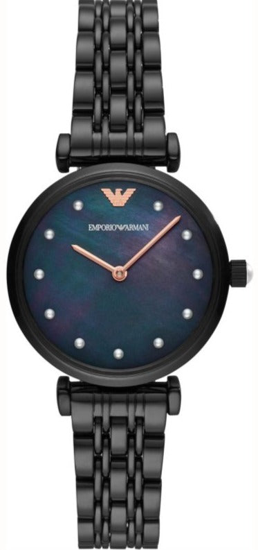  Shop Authentic Emporio Armani Gianni T-Bar Quartz Black Mother of Pearl Dial Black Steel Strap Watch For Women - AR11268 - Luxxuri