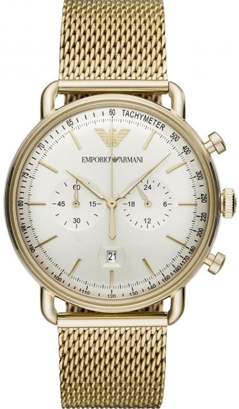  Shop Authentic Emporio Armani Aviator Chronograph Quartz Beige Dial Gold Mesh Bracelet Watch For Men - AR11315 - Luxxuri