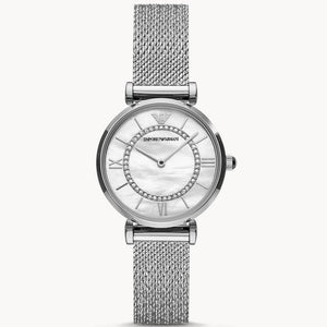  Shop Authentic Emporio Armani Gianni T-Bar Quartz Mother of Pearl Dial Silver Mesh Bracelet Watch For Women - AR11319 - Luxxuri