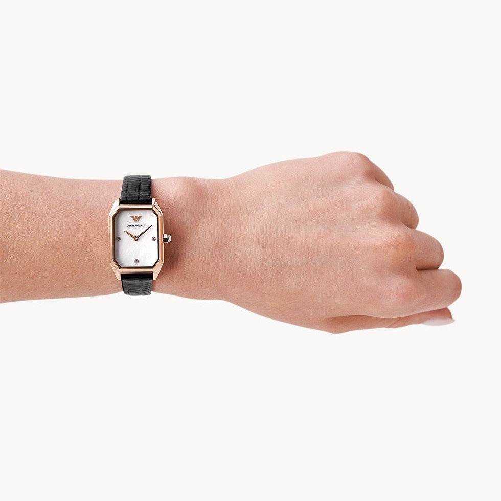  Shop Authentic Emporio Armani Gioia Quartz Mother of Pearl Dial Black Leather Strap Watch For Women - AR11390 - Luxxuri