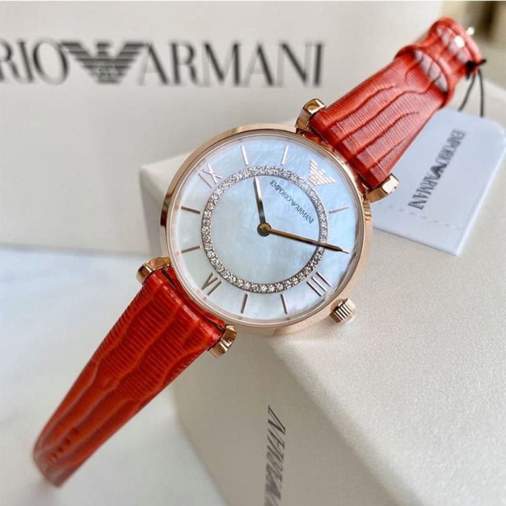  Shop Authentic Emporio Armani Gianni T-Bar Analog Mother of Pearl Dial Red Leather Strap Watch For Women - AR11322 - Luxxuri