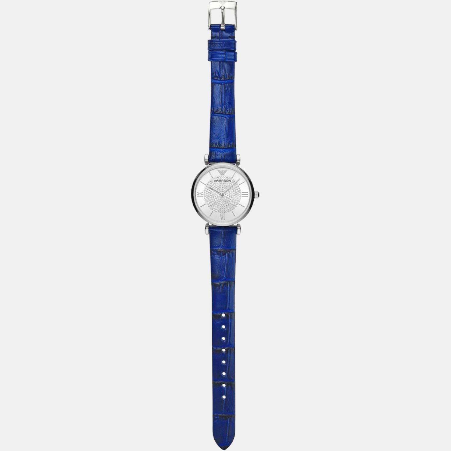  Shop Authentic Emporio Armani Gianni T Bar Quartz Crystals Silver Dial Blue Leather Strap Watch For Women - AR11344 - Luxxuri