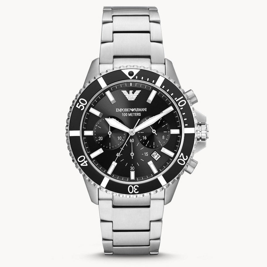  Shop Authentic Emporio Armani Diver Chronograph Quartz Black Dial Silver Steel Strap Watch For Men - AR11360 - Luxxuri