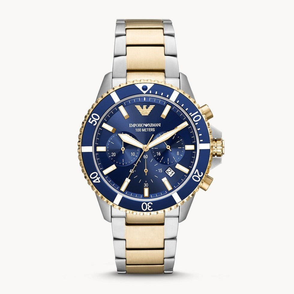  Shop Authentic Emporio Armani Mario Chronograph Blue Dial Two Tone Steel Strap Watch For Men - AR11362 - Luxxuri