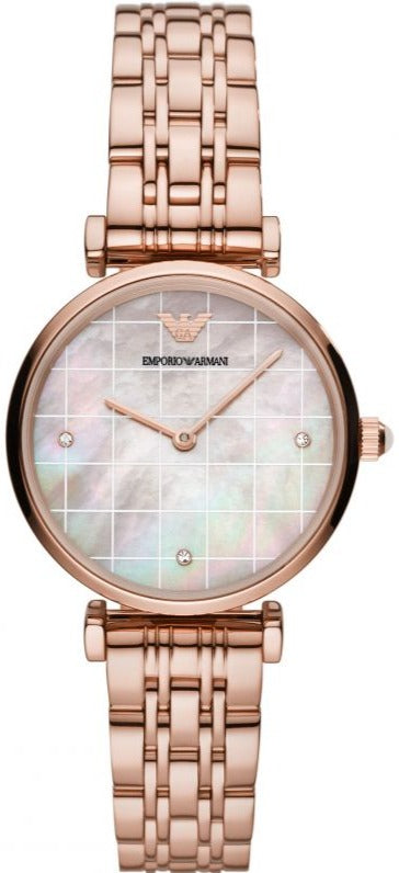  Shop Authentic Emporio Armani Gianni T Bar Quartz Mother of Pearl Dial Rose Gold Steel Strap Watch For Women - AR11385 - Luxxuri