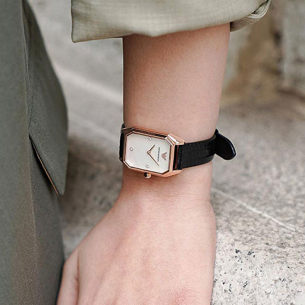  Shop Authentic Emporio Armani Gioia Quartz Mother of Pearl Dial Black Leather Strap Watch For Women - AR11390 - Luxxuri