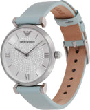  Shop Authentic Emporio Armani Gianni T Bar Analog Crystals Silver Dial Blue Leather Strap Watch For Women - AR11443 - Luxxuri
