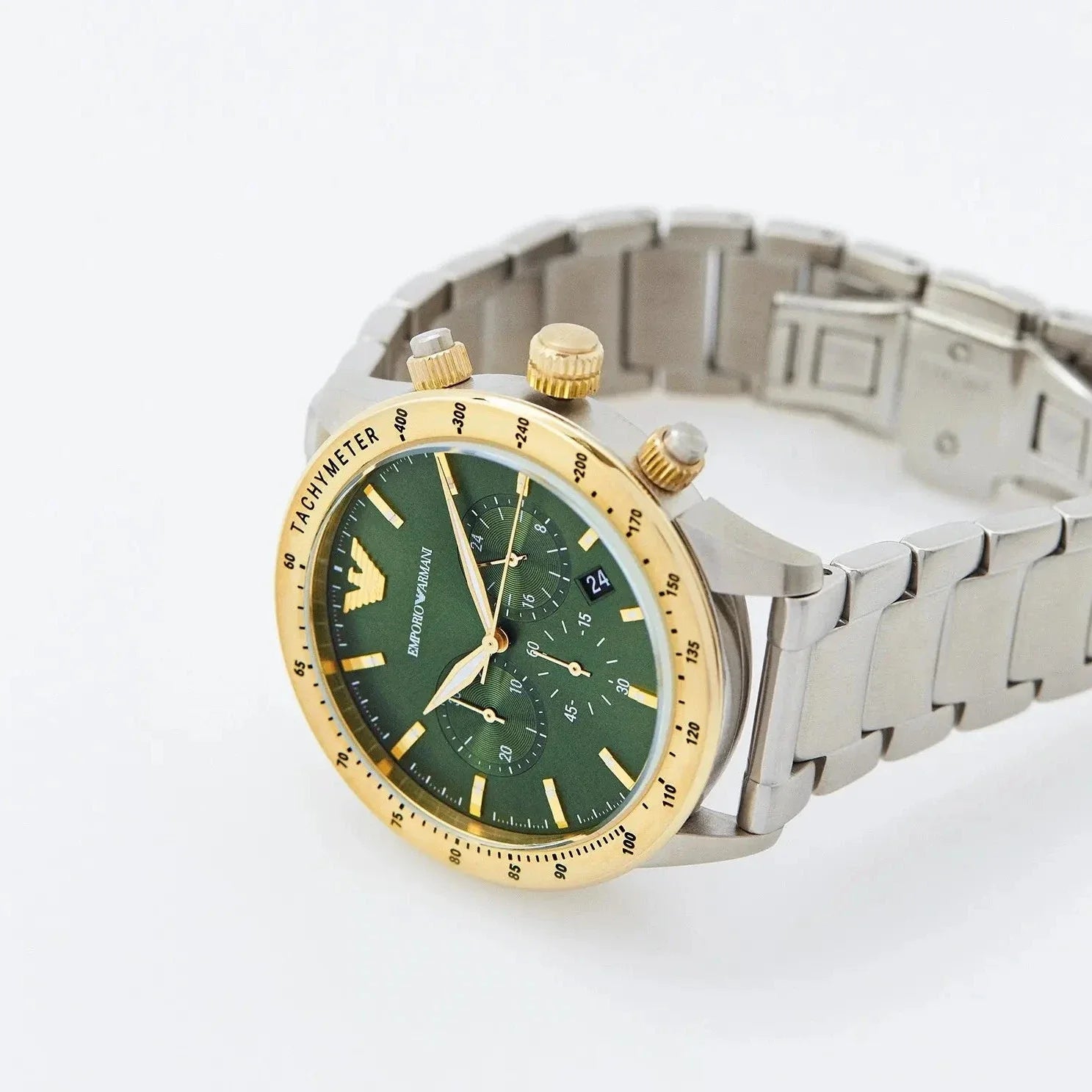  Shop Authentic Emporio Armani Mario Chronograph Green Dial Silver Steel Strap Watch For Men - AR11454 - Luxxuri