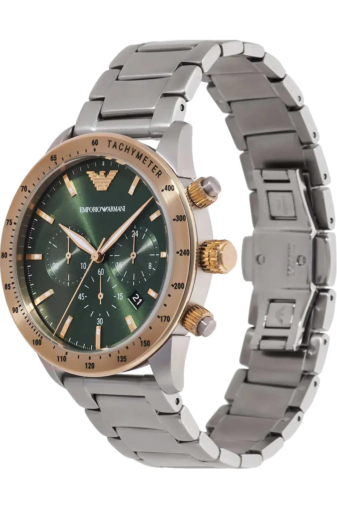 Shop Authentic Emporio Armani Mario Chronograph Green Dial Silver Steel Strap Watch For Men - AR11454 - Luxxuri