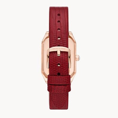  Shop Authentic Emporio Armani Gianni T Bar Two-Hand Mother of Pearl Dial Red Leather Strap Watch For Women - AR11467 - Luxxuri
