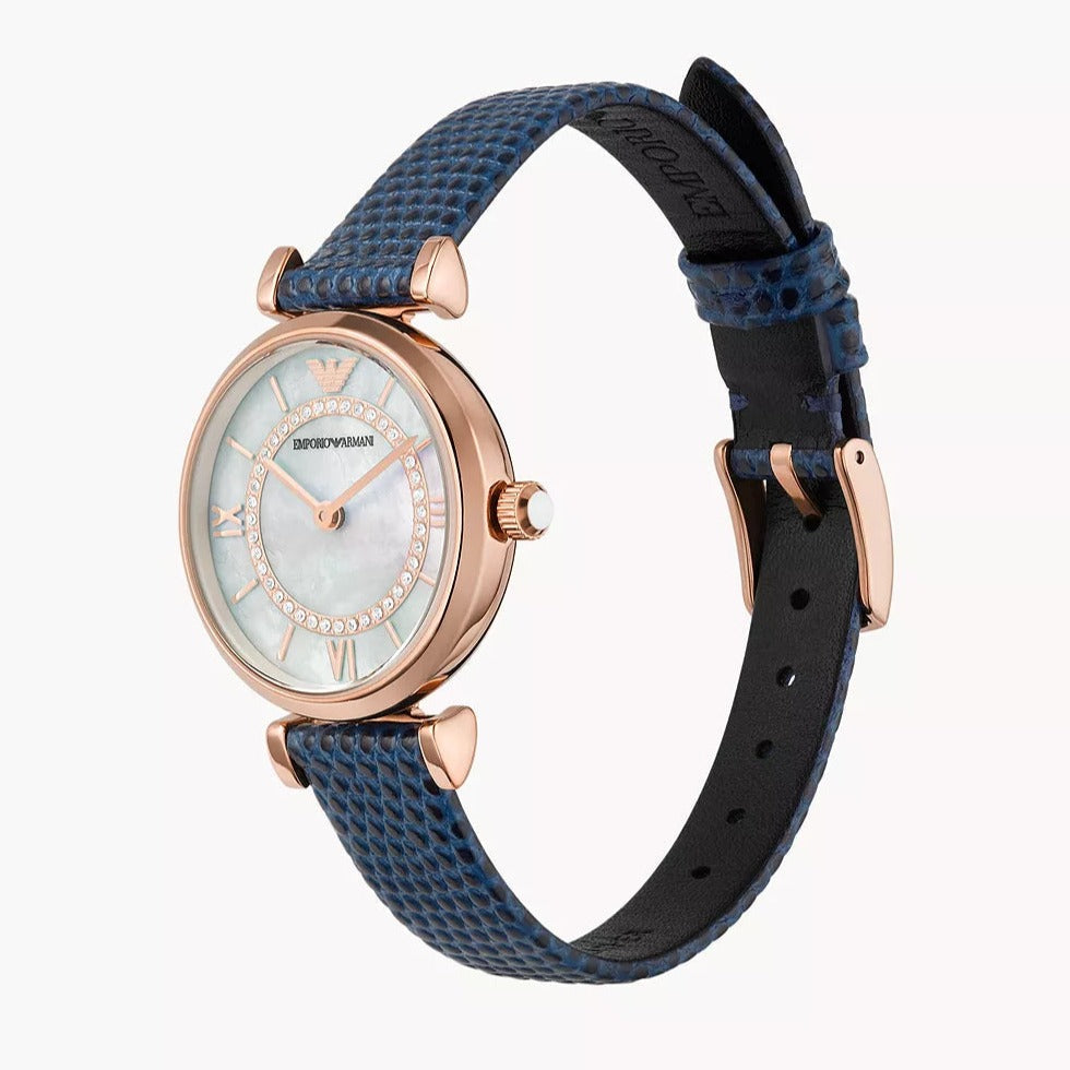  Shop Authentic Emporio Armani Gianni T-Bar Analog Mother of Pearl Dial Blue Leather Strap Watch For Women - AR11468 - Luxxuri