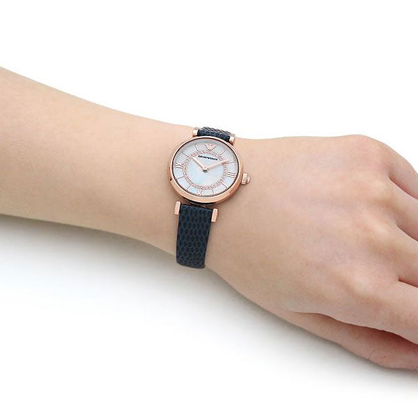  Shop Authentic Emporio Armani Gianni T-Bar Analog Mother of Pearl Dial Blue Leather Strap Watch For Women - AR11468 - Luxxuri