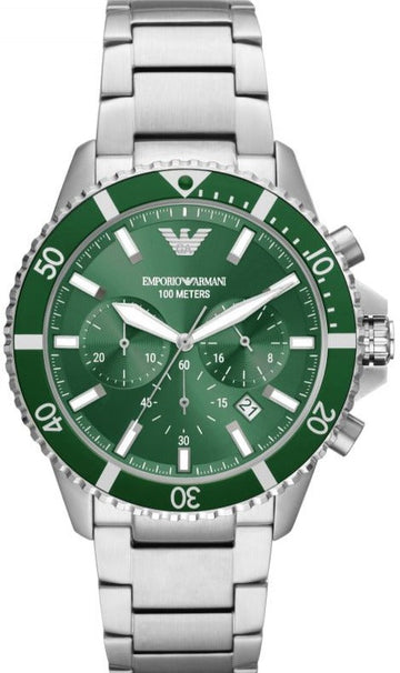  Shop Authentic Emporio Armani Diver Chronograph Green Dial Silver Steel Strap Watch For Men - AR11500 - Luxxuri