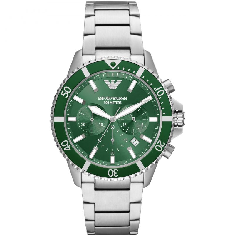  Shop Authentic Emporio Armani Diver Chronograph Green Dial Silver Steel Strap Watch For Men - AR11500 - Luxxuri