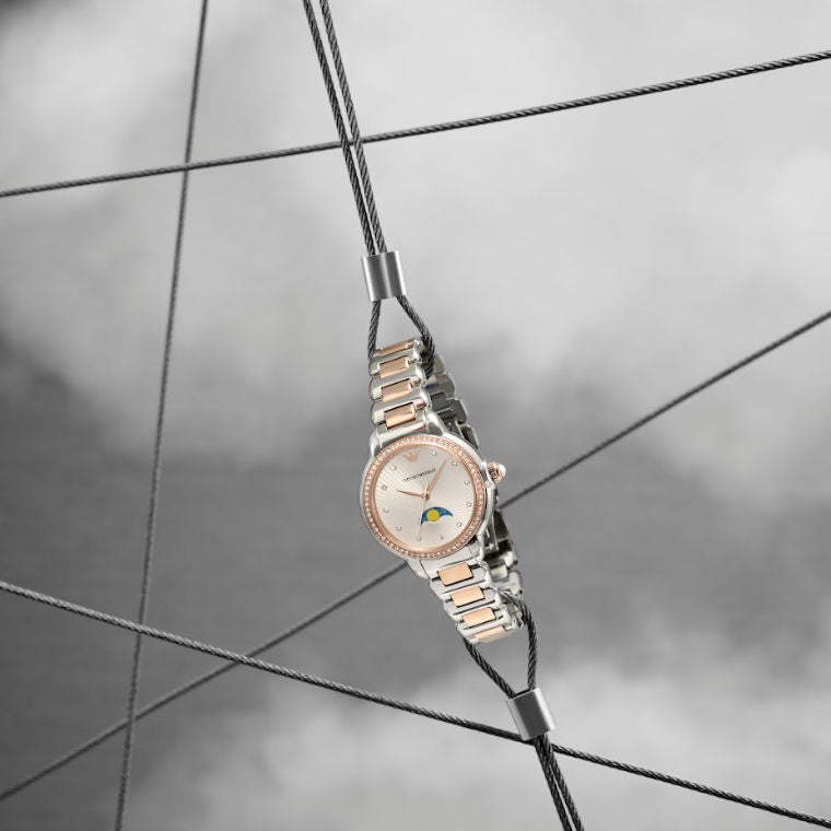  Shop Authentic Emporio Armani Mia Three Hand Moonphase Mother of Pearl Dial Two Tone Steel Strap Watch For Women - AR11567 - Luxxuri