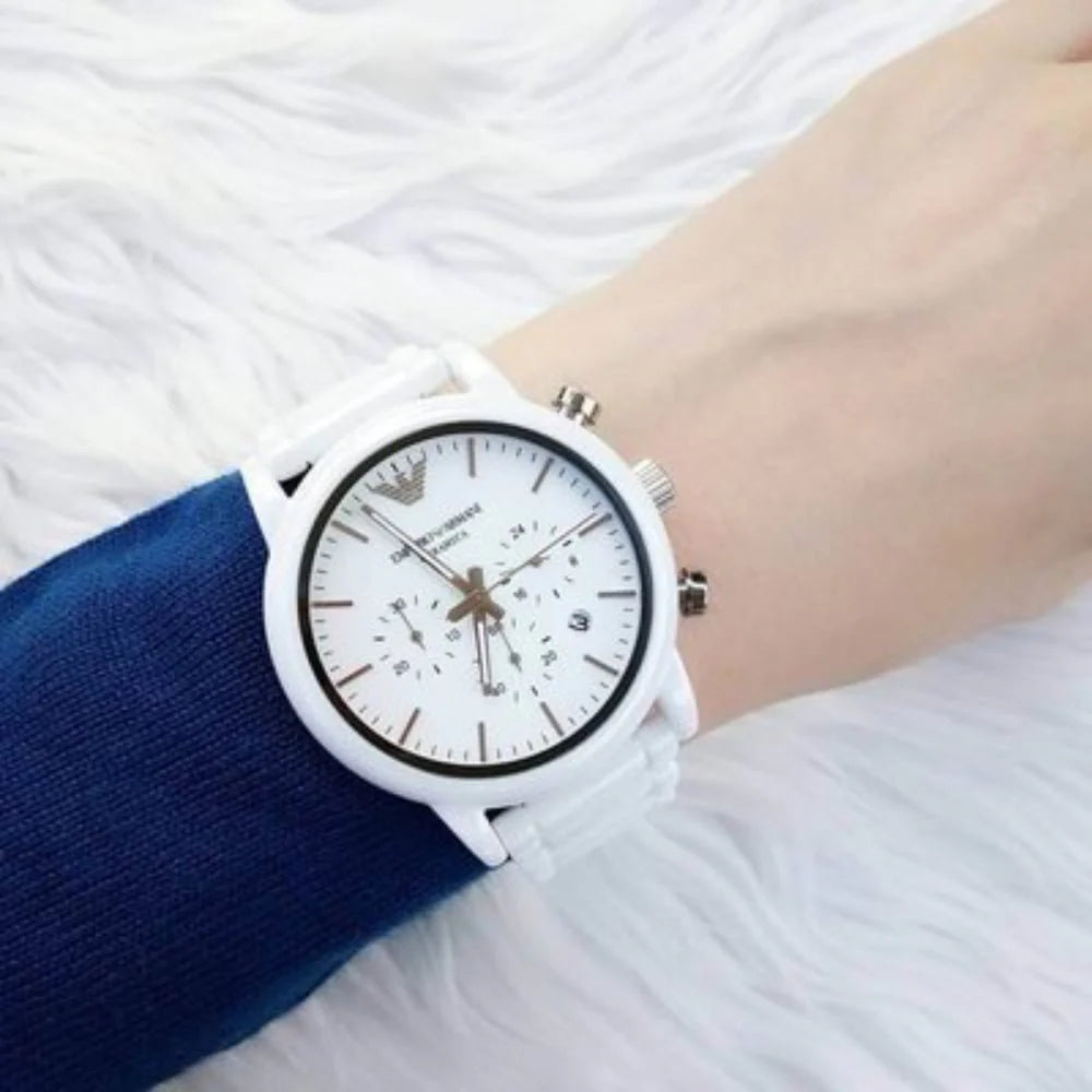  Shop Authentic Emporio Armani Classic Chronograph White Dial White Rubber Strap Watch For Men - AR1054 - Luxxuri