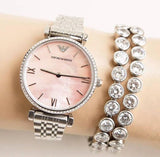  Shop Authentic Emporio Armani Gianni T Bar Pink Mother of Pearl Dial Silver Steel Strap Watch For Women - AR1779 - Luxxuri