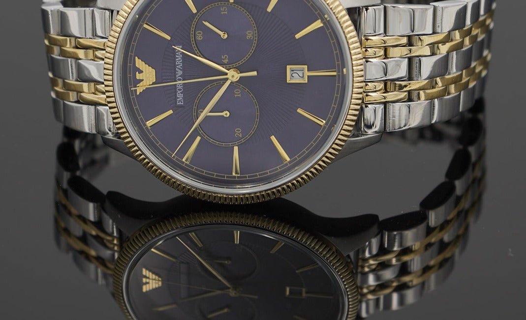  Shop Authentic Emporio Armani Classic Blue Dial Two Tone Steel Strap Watch For Men - AR1847 - Luxxuri