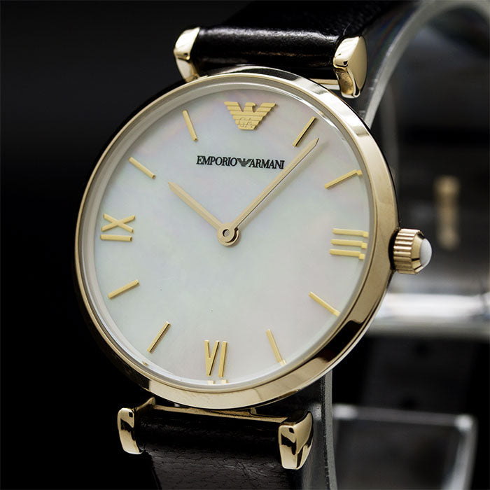  Shop Authentic Emporio Armani Gianni T-Bar Quartz Mother of Pearl Dial Black Leather Strap Watch For Women - AR1910 - Luxxuri