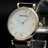  Shop Authentic Emporio Armani Gianni T-Bar Quartz Mother of Pearl Dial Black Leather Strap Watch For Women - AR1910 - Luxxuri
